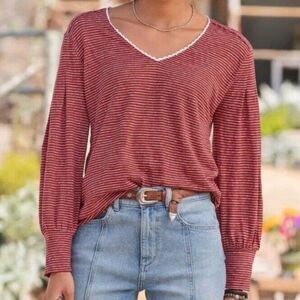 Sundance Mariner Journey 100% Linen Long Sleeve Slub Knit Blouse Rust Red Top S